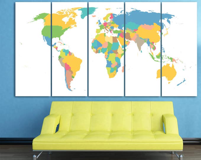 Large Colorful World Map with country lines, multicolored world map print with counries border, colored push pin world map canvas wall art