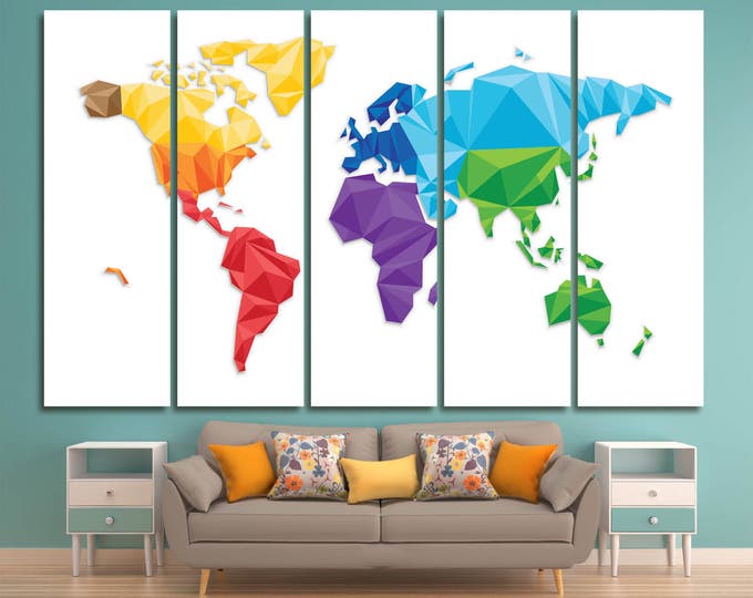 Large Geometric Colorful World Map Panels Set Print, Abstract Wall Art 3,4 or 5 Panels colorful rainbow world map canvas for home decoration