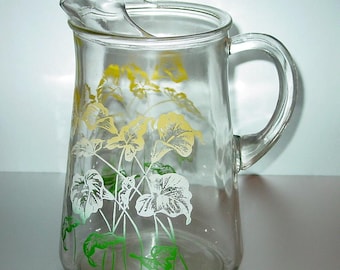Vintage Glass Pitcher with Ice Lip, Yellow Flowers, Green & White Leaves