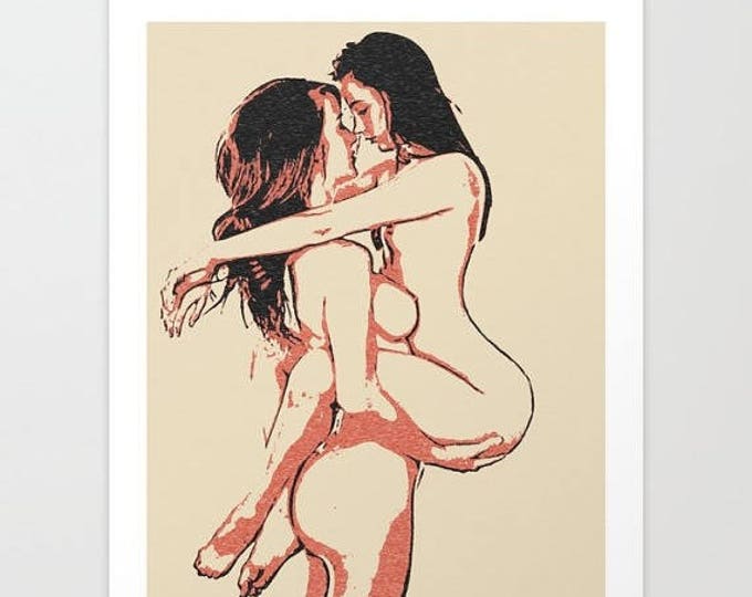 Erotic Art Giclée Print - Girls love to play Naughty, lesbian girls nude, naked body illustration, sensual erotic artwork, high res 300dpi