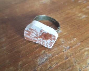 Broken china ring brown flowers adjustable ring