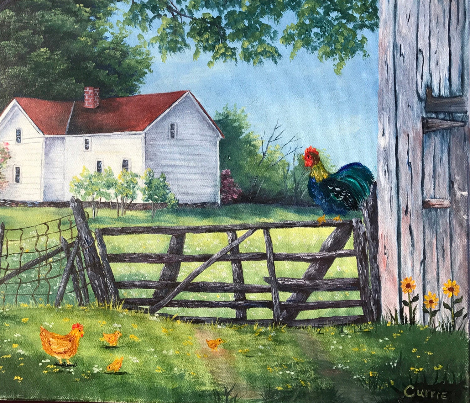 Chickens on Farm Gate Oil Painting Rooster on Fence Hen with