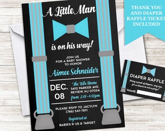 Little Man Invite Baby Shower Invitation Boy Sprinkle Personalized, Digital, Blue and Black, Bundle