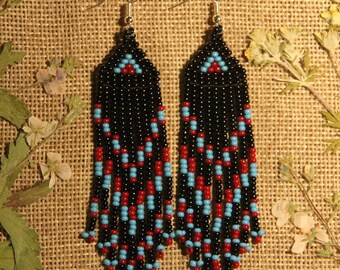 Handmade Native American Beaded Earrings black seed bead Earrings Gift for girl, Long Beaded Earrings, Beaded Colorful Earrings, Ohrringe