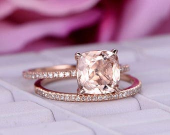 2pcs 8mm morganite wedding ring setdiamond engagement ring 14k rose goldcushion cut - Morganite Wedding Ring 2pcs 8mm morganite wedding ring setdiamond engagement ring 14k rose goldcushion cut - Morganite Wedding Ring