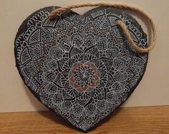 Heart Shaped Hanging Slate. 20cm x 20cm Mandala design, white and copper.