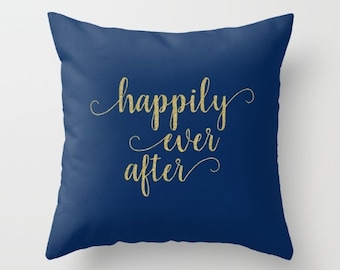 Happily Ever After Pillow Covers 20x20, Wedding Pillow Cover 18x18 Navy and Gold Decor Throw Pillows with Words Decorative Pillows For Couch