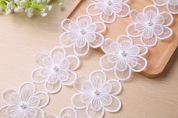 White 3D Flower Lace Trim Blush Floral Tulle Lace Embroidery Lace Trim ...