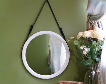 White Round Mirror "Astypalea" / Strap Wall Mirror / Wall Hanging Mirror / Leather Mirror / Loft Style Belt Mirror / Unique Vanity Mirror