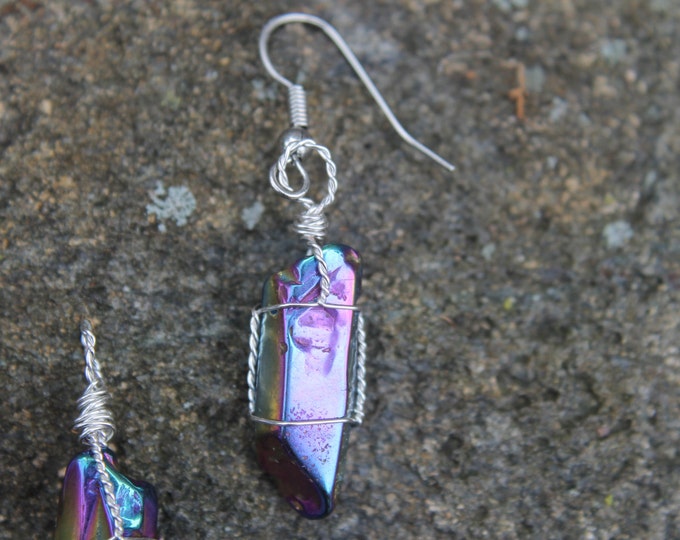 Rainbow Aura Quartz Crystal Tip Earrings and Pendant Set Twisted Silver Wire Wrap Jewelry Set, Blue Stone Jewellery Boho Hippie Gift for Her