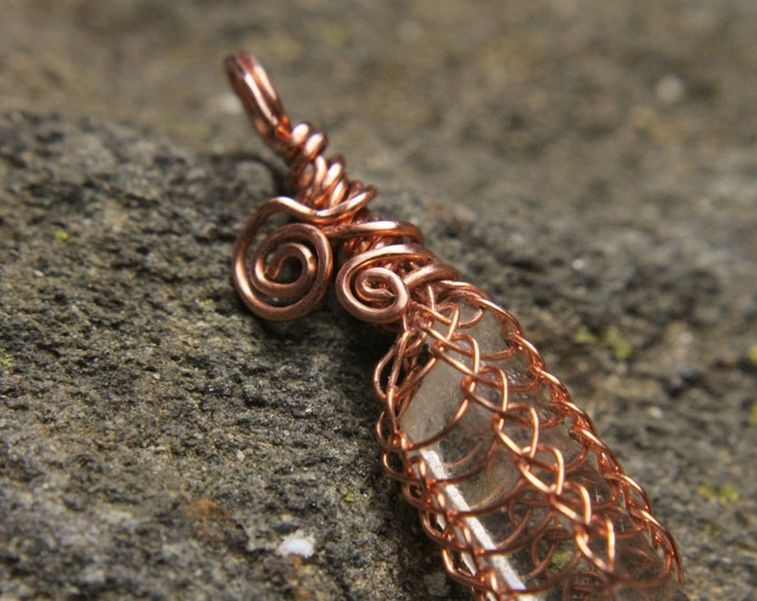 Viking Weave Natural Stone Point Necklace / Wire Wrap Quartz Crystal Tip Pendant / Copper Knit Design / Mens or Ladies Handmade Jewelry