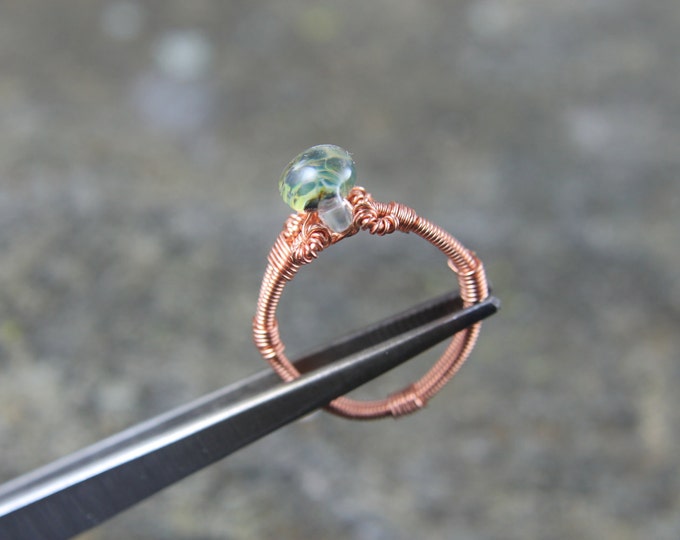 Copper Wire Weave Glass Lamp Work Ring Size 8 | Wire Wrap Beaded BoHo Jewelry | Unique Valentine's Day Gift for Him or Her