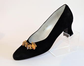 Ivory of Bond Street Black Suede Court Pump Shoes, Gold Musical Note with coloured stones/Retro Shoes/Vintage Shoe/Size UK 5.5/1980's
