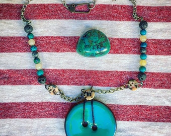 Turquoise big button and bead boho necklace