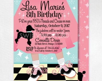 Retro 1950s Birthday Party, 50s Theme Invitations, Sock Hop 1950s, Pink Ladies Poodle Skirt 50s Party, Flashback 50's Invitations, DI200FC