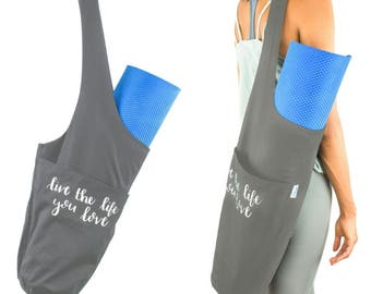 Premium Yoga Mat Bag w/ FREE BONUS Yoga Mat Shoulder Strap – Sling Carrier w/ Zipper & Large Front Pocket - Handlettered Inspirational Quote