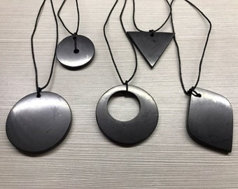 Set of 5 Shungite Pendants Original Polished Jewelry Circle, Triangle, Big circle, Double Circle Protection Healing Karelia Schungit