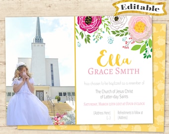 Editable Baptism Invitation Girl Floral Yellow Pink Delicate Digital Print LDS Baptism Invitation Editable Printable Lds baptism girl print