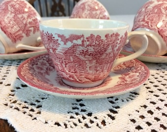 Broadhurst Red Transferware, Ironstone Teacups, set of 4