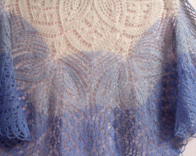 Knitted shawl, blue-white shawl,wedding shawl, shawl scarf, triangular scarf, mohair shawl, openwork scarf, downy shawl, lace shawl