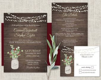 Winter Wedding Invitation Set Mason Jar Wedding Invitations Greenery Berries Marsala Printed or DIY Print Barn Wood Bohemian Florals Rustic
