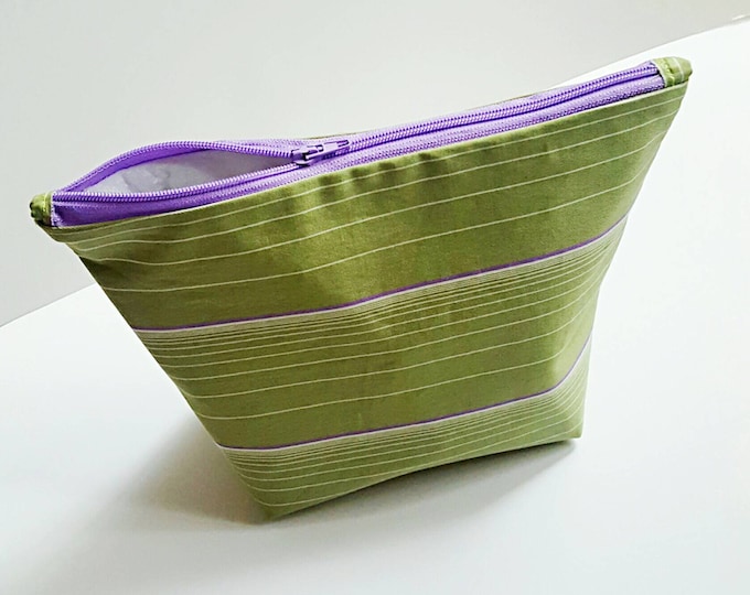 Green Stipped Makeup Bag - Gift for Her - Zipper Pouch - Standing Makeup Bag - Green and Purple Strips