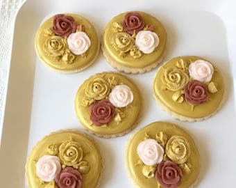 Large Pink and Gold Rose Sugar Cookies, Pink and Gold, One Dozen, Handmade Cookies, Freshly Baked, Elegant Cookies, Wedding Cookies, Sugar