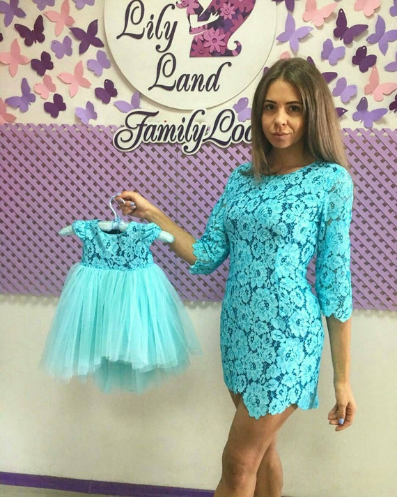Teal mère fille tutu dentelle robe robes pour maman et bébé