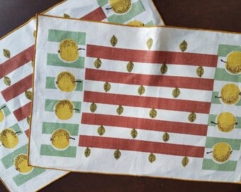 Mid Century Retro placemats in natural linen with applepears