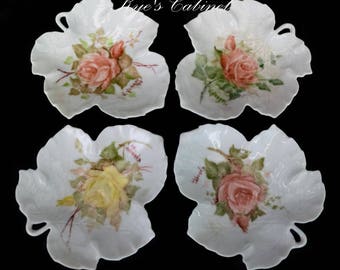 Set of Four Leaf Shaped Dishes, Vintage Hand Painted Rose Branch Design Plate 1979, Porcelain Trinket Dishes