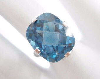 London Blue Topaz, Gold Topaz Ring, Checkerboard Cut, 10k White Gold 9.5 Carat Emerald Checkerboard Cut London Blue Topaz Ring #1789