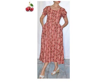 Floral peasant dress vintage 90's fan Collection midi dress size high romantic chic puffed sleeves striped french floral dress