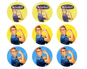 Rosie the Riveter 2 inches round for cupcake toppers sheet size 8.5x11 - Instant Download