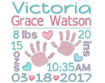 Baby Birth Announcement TEMPLATE Embroidery Design, Subway Art, Baby Stats Machine Embroidery Template, Baby Hands, AM/PM, 3 Sizes FT509-37