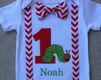 The Very Hungry Caterpillar First Birthday Bodysuit with Suspenders and Bow Tie, The very hungry caterpillar Birthday outfit