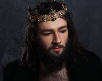 Mens Imperial Medieval Gold Rhinestone King Crown, gold male crown,Noble Imperial Medieval King Prince Crowns for Men Gold Party Costumes