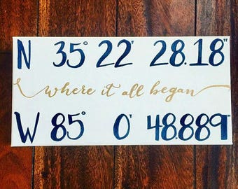 Coordinates canvas sign - Latitude Longitude sign - where it all began - custom sign - GPS sign - new home decor - anniversary - personalize