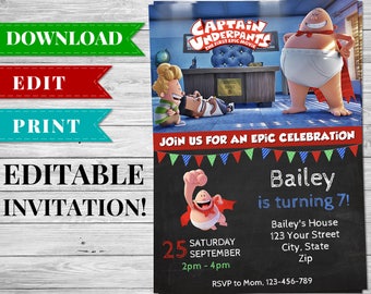 Captain Underpants Invitation, Superhero Invitation, Editable Printable Superhero Invitation, Captain Underpants Movie Birthday Party Invite