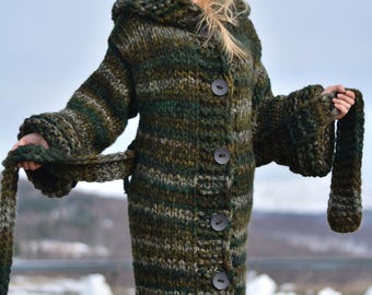 ORDER handmade wool coat hand knitted cardigan chunky wool jacket long hooded cardigan warm with belt and loops Dukyana
