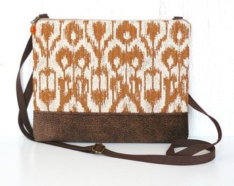 Crossbody Purse, Fabric Hip Purse, Zipper Cross Body Bag - Barcelona Ikat in Pumpkin Orange and Beige