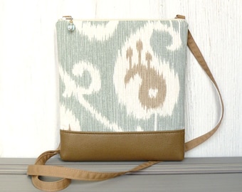 Cross Body Bag, Fabric Hip Purse, Small Zipper Crossbody Pouch - Ikat Paisley in Dusty Aqua, Cream and Tan