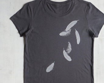 Womens Graphic Tee - Organic Cotton Jersey T Shirt - Womens Tee Shirt - Grey Tee Shirt - Ladies Screen Printed TShirt- Falling Feathers