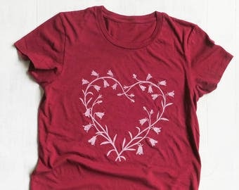 Womens Organic Cotton T Shirt - Womens Graphic Tee - Red Crew Neck Tee Shirt - Bluebell Heart Design Screen Printed Shirt