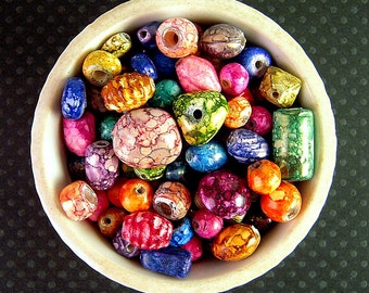 BRIGHT Glass Bead Mix, 7mm, 15mm, NEW Wholesale, 7 Ounces, Colorful Chunky Beads, Tribal India Glass Beads, Bright Mottled Beads X13