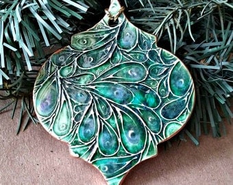 Ceramic Christmas Ornament Peacock Green edged in gold christmas ornaments