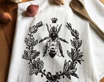 Queen Bee Dish Towel, Hand Printed Tea Towel, Wedding Gift, Hostess Gift, Teachers Gift, Dark Brown/black Ink, Soft Cotton