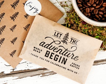 Let the Adventure Begin - Whole Bean Coffee Favor - Budget Favor - DIY coffee gift - Camping, outdoor, backpacking, travel theme - 20 Bags