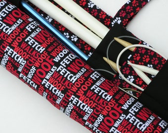 knitting needle case - knitting needle organizer - circular knitting needle case - dog paws and commands - 36 pockets