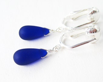 Cobalt Blue Clip-on Earrings, Ultramarine Blue Frosted Glass Teardrop Earrings for Non Pierced Ears Navy Matte Drop Dangle Clip, Erie Smooth