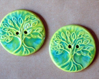 2 Handmade Ceramic Buttons in Spring Green - Extra Large Tree of Life Buttons - Focal buttons for Handmade Knits - Handmade Ceramic Buttons